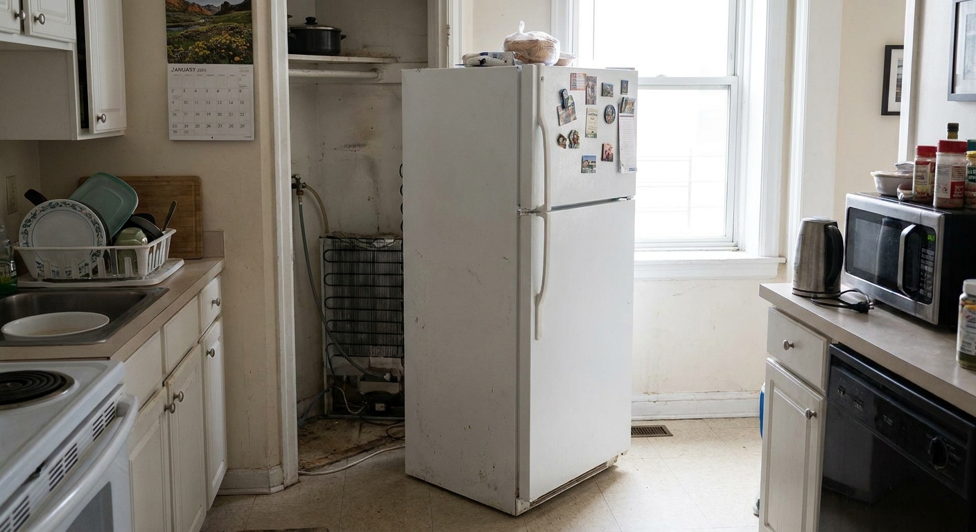 A real apartment kitchen with a standard top-freezer refrigerator pulled slightly forward from the wall to show the back clearance, natural indoor lighting