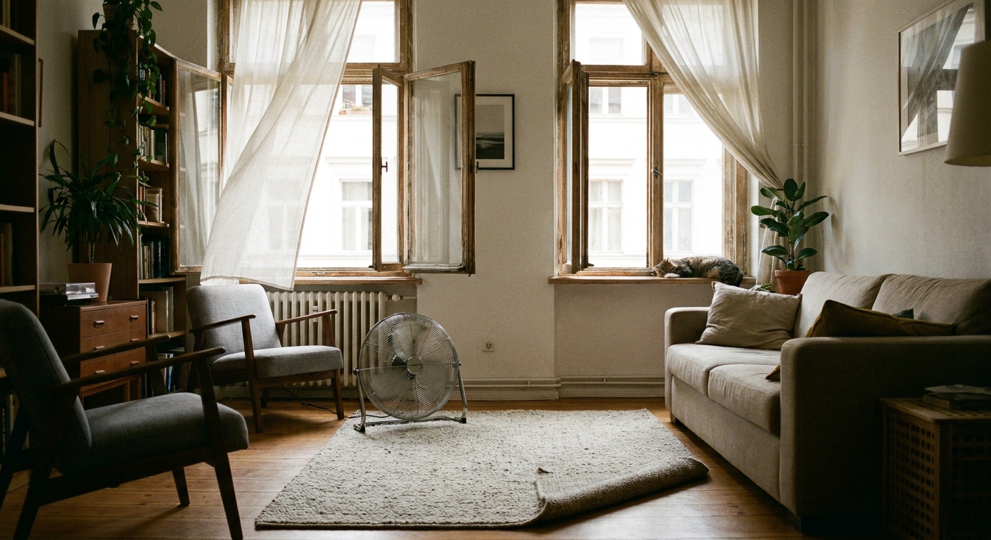 A real apartment living room with two open windows and a floor fan pushing air across a newly placed area rug, soft natural light