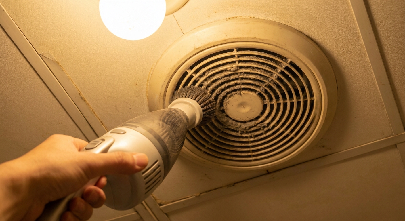 A real bathroom ceiling exhaust fan with a dusty plastic grille being gently cleaned with a handheld vacuum and soft brush, warm indoor lighting