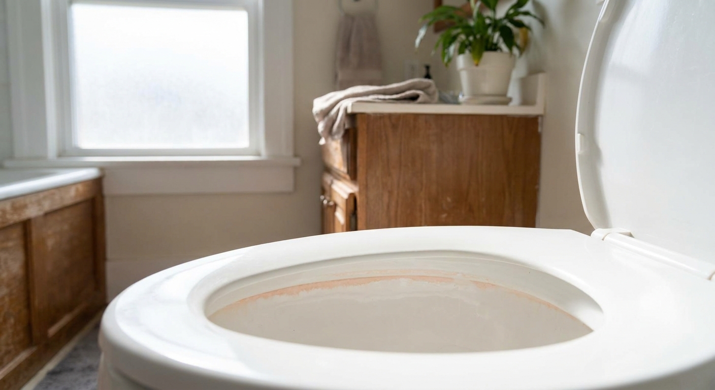 A real bathroom photo of a white toilet bowl with a faint pink film ring near the waterline, natural daylight, no text