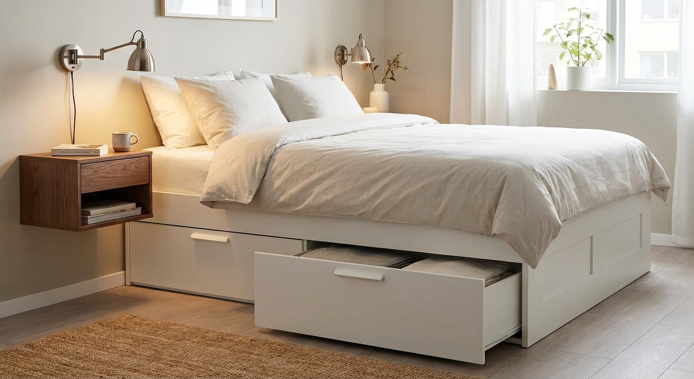 A real bedroom photo showing a BRIMNES storage bed with a wall-mounted floating nightstand and a sconce, leaving the bed drawer path clear
