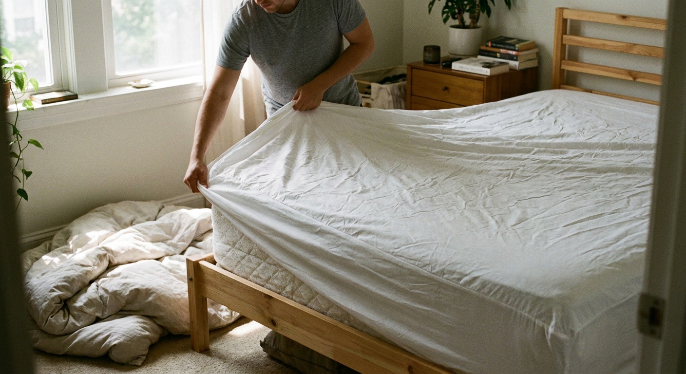 A real bedroom scene with a mattress on a simple bed frame, a fitted waterproof mattress protector being stretched over the corners by a person, soft morning window light