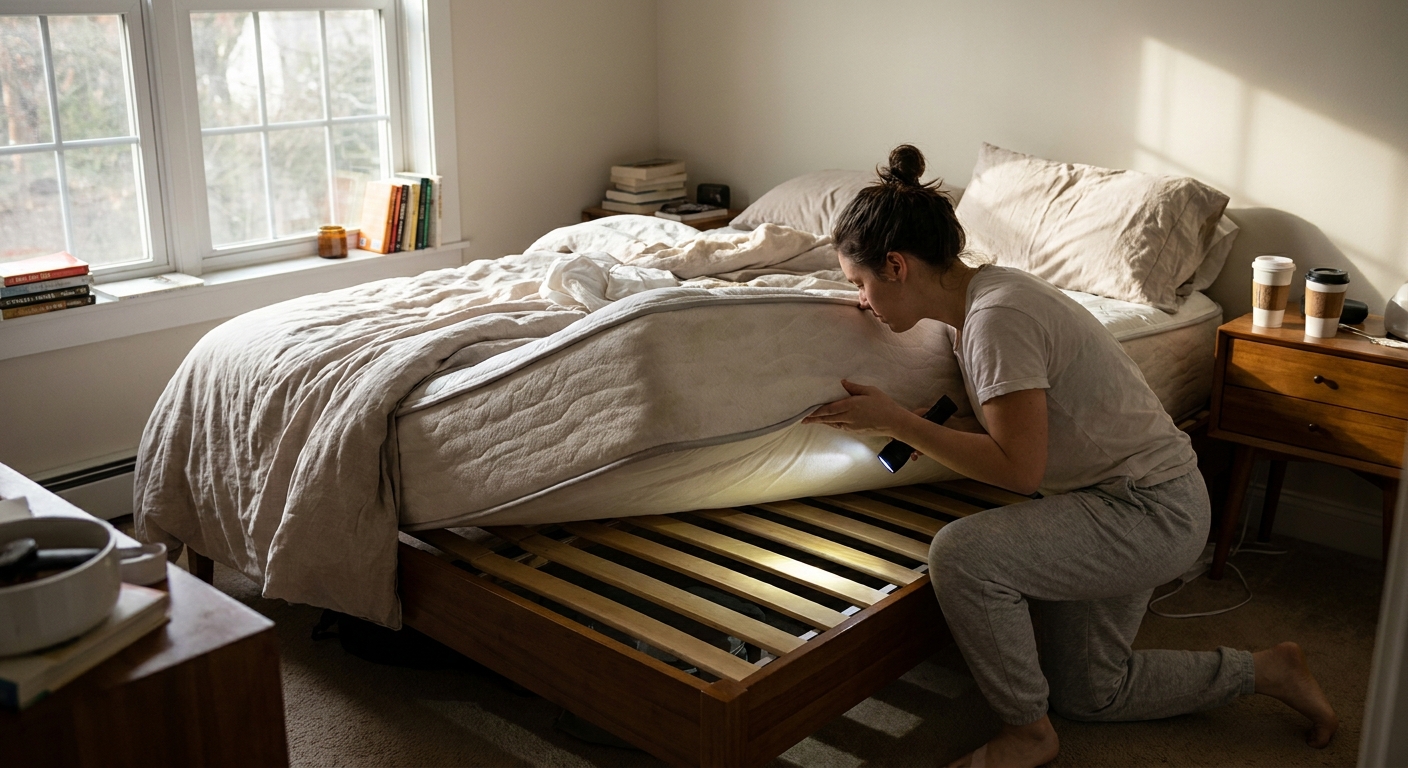 A real bedroom scene with a person lifting a mattress corner to inspect the bed frame and slats with a flashlight, natural morning light