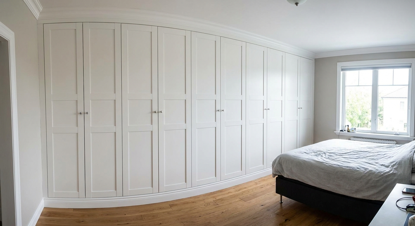 A real bedroom wall featuring multiple IKEA PAX wardrobes installed side by side with crown molding to the ceiling, baseboard returns, and matching painted trim for a custom built-in look, natural daylight