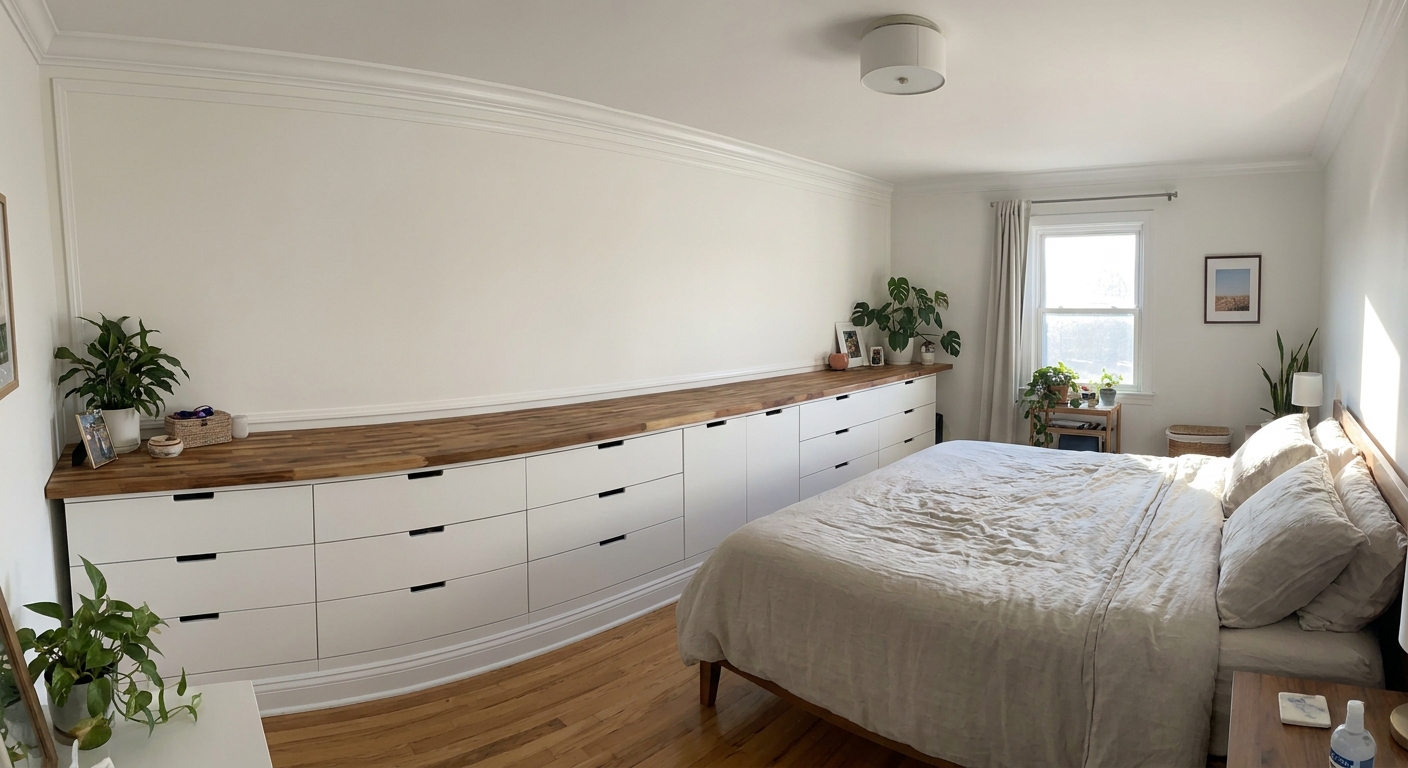 A real bedroom with a full wall of IKEA NORDLI drawer units installed side by side, finished with a continuous wood top and painted trim to look like built-in millwork
