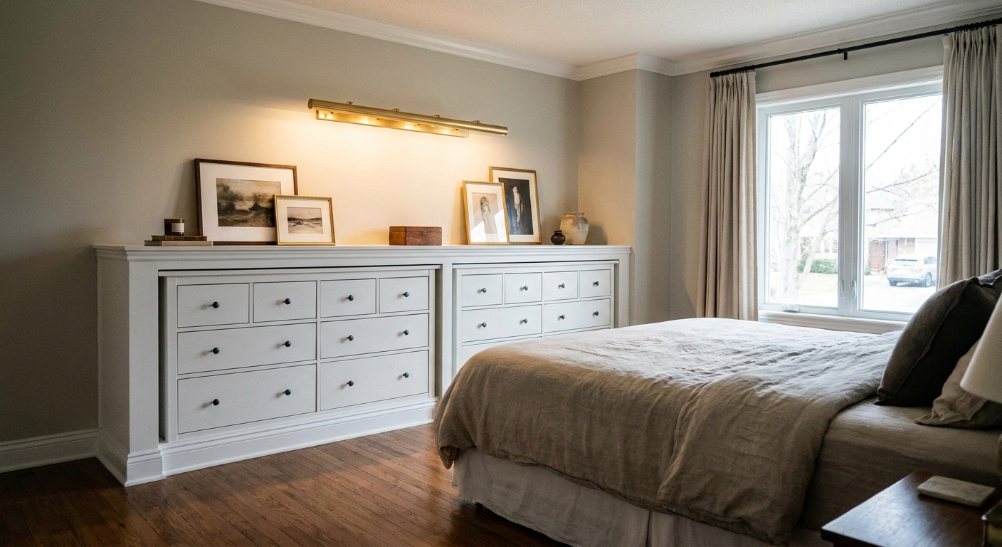 A real bedroom with two white IKEA Hemnes dressers installed wall-to-wall with trim and a warm brass picture light above, creating a built-in look