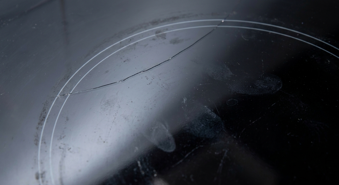 A real close-up photo of a black glass cooktop with a visible hairline crack running across the surface near a burner outline