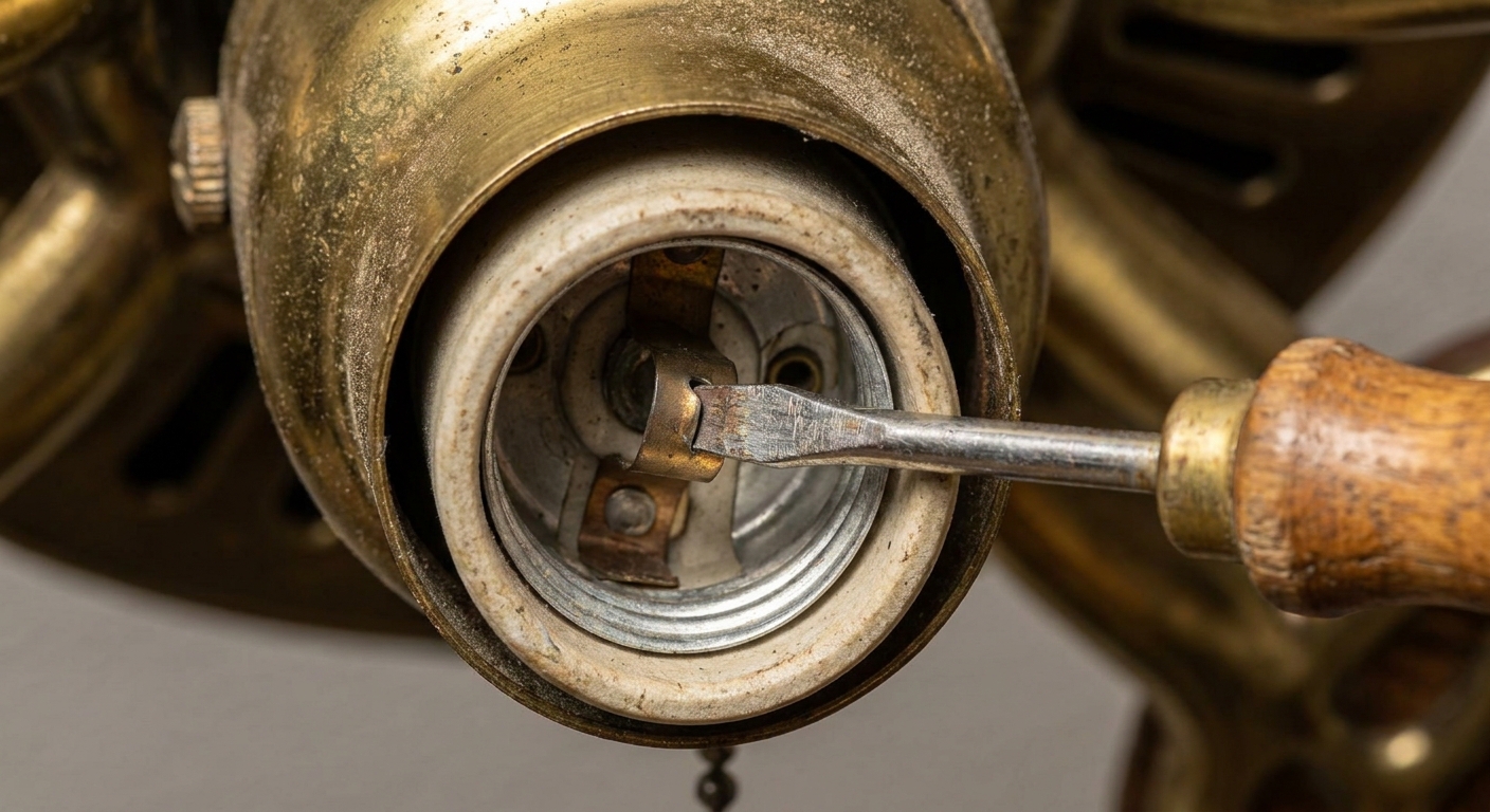 A real close-up photo of a ceiling fan light socket with the bulb removed, showing a small flathead screwdriver gently lifting the center metal contact tab inside the socket