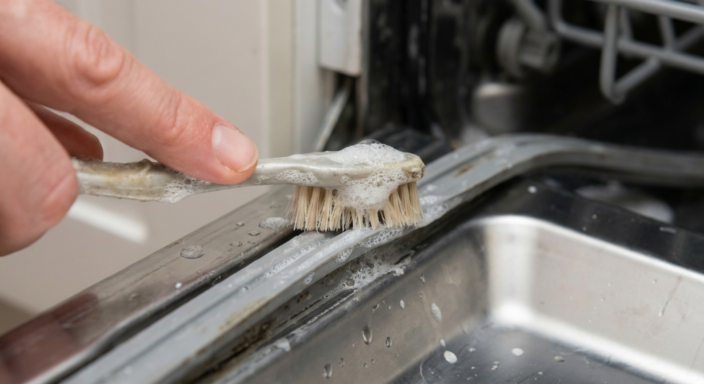 A real close-up photo of a hand using a soft toothbrush to clean inside the fold of a dishwasher door gasket with gentle suds