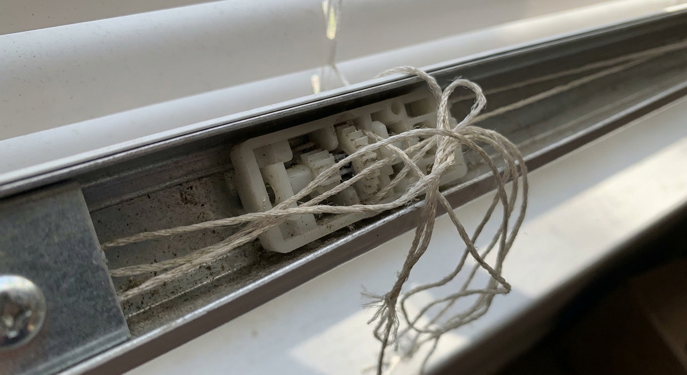 A real close-up photo of a mini blind headrail opened to reveal the cord lock area with lift cords slightly tangled