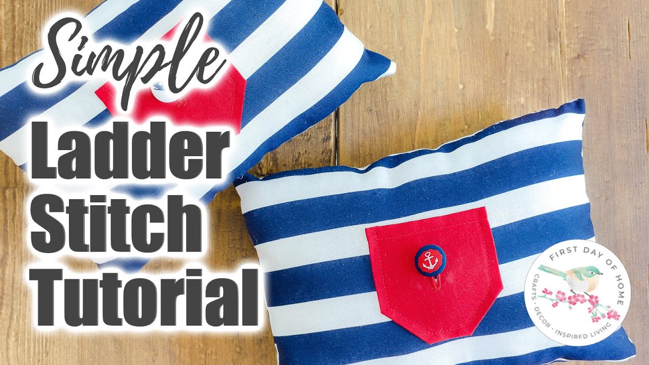 A real close-up photo of a partially closed cushion seam showing ladder stitch thread spans before being pulled tight, with neutral upholstery fabric