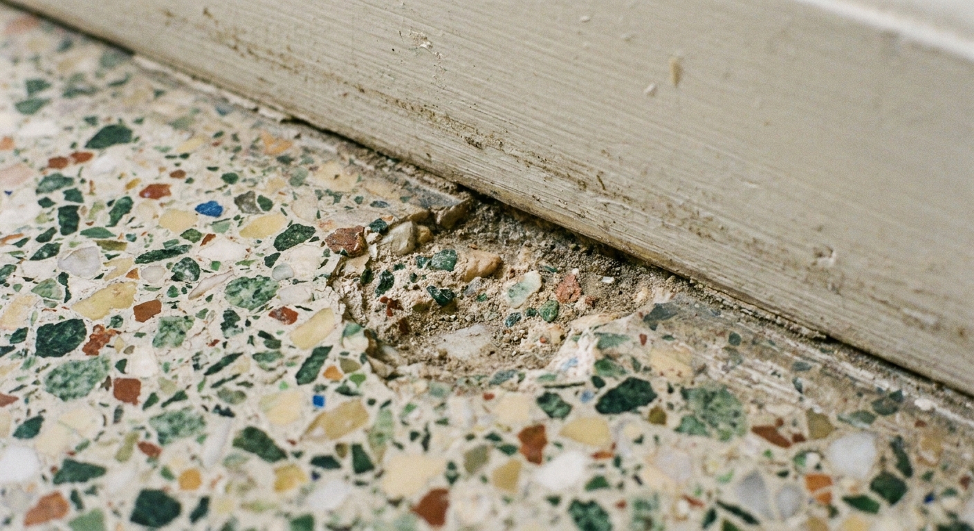 A real close-up photo of a small chip in a terrazzo floor near a baseboard, showing the speckled aggregate and a shallow missing spot