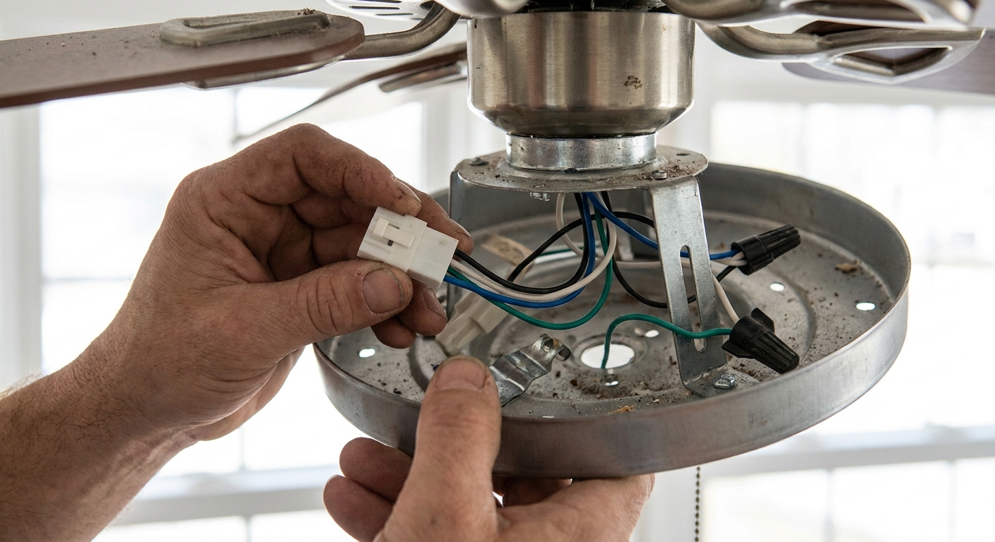 A real close-up photo of hands holding a white plug-style connector inside an opened ceiling fan light kit, with wiring visible and the glass shade removed