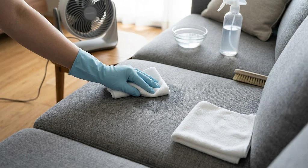 A real close-up photo of hands pressing a white microfiber cloth into a sofa cushion to blot moisture after spot cleaning