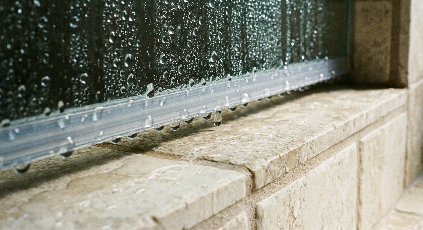 A real close-up photo of water beads on a frameless glass shower door bottom edge and the shower threshold in a neutral tiled bathroom