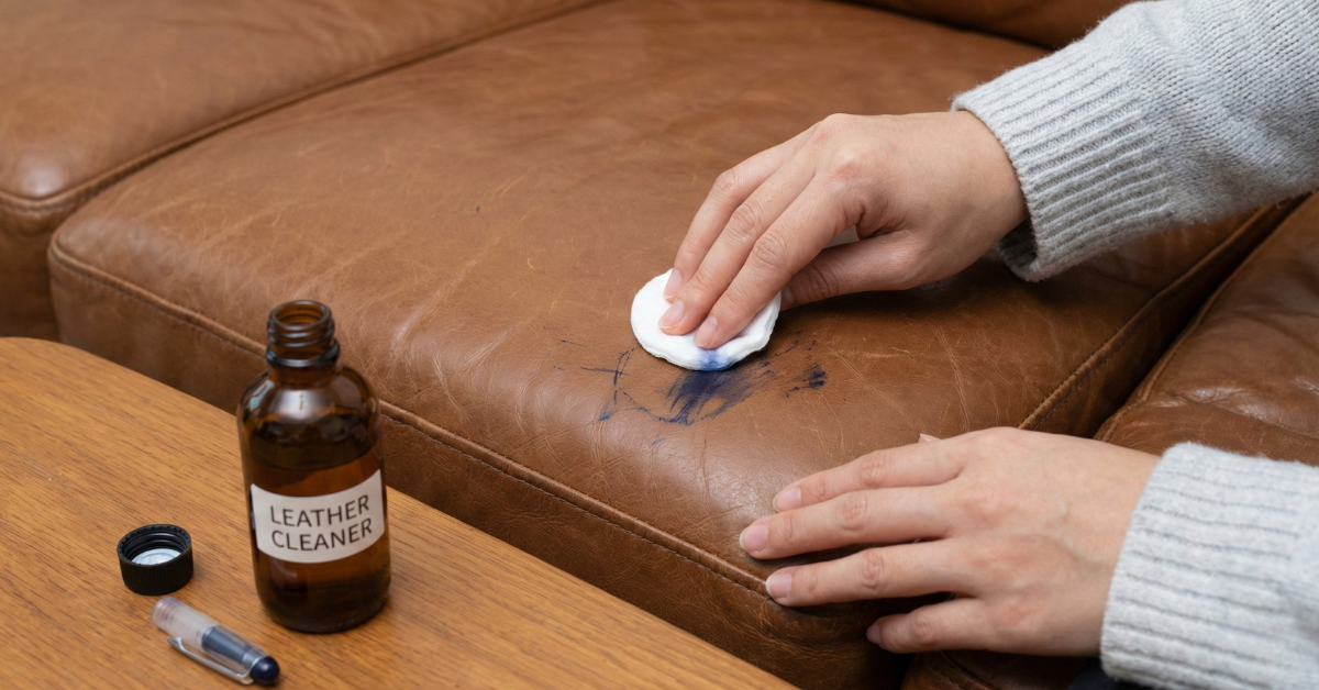 A real close-up photograph of a cotton pad lightly dampened with isopropyl alcohol dabbing a small ink mark on a textured fabric sofa