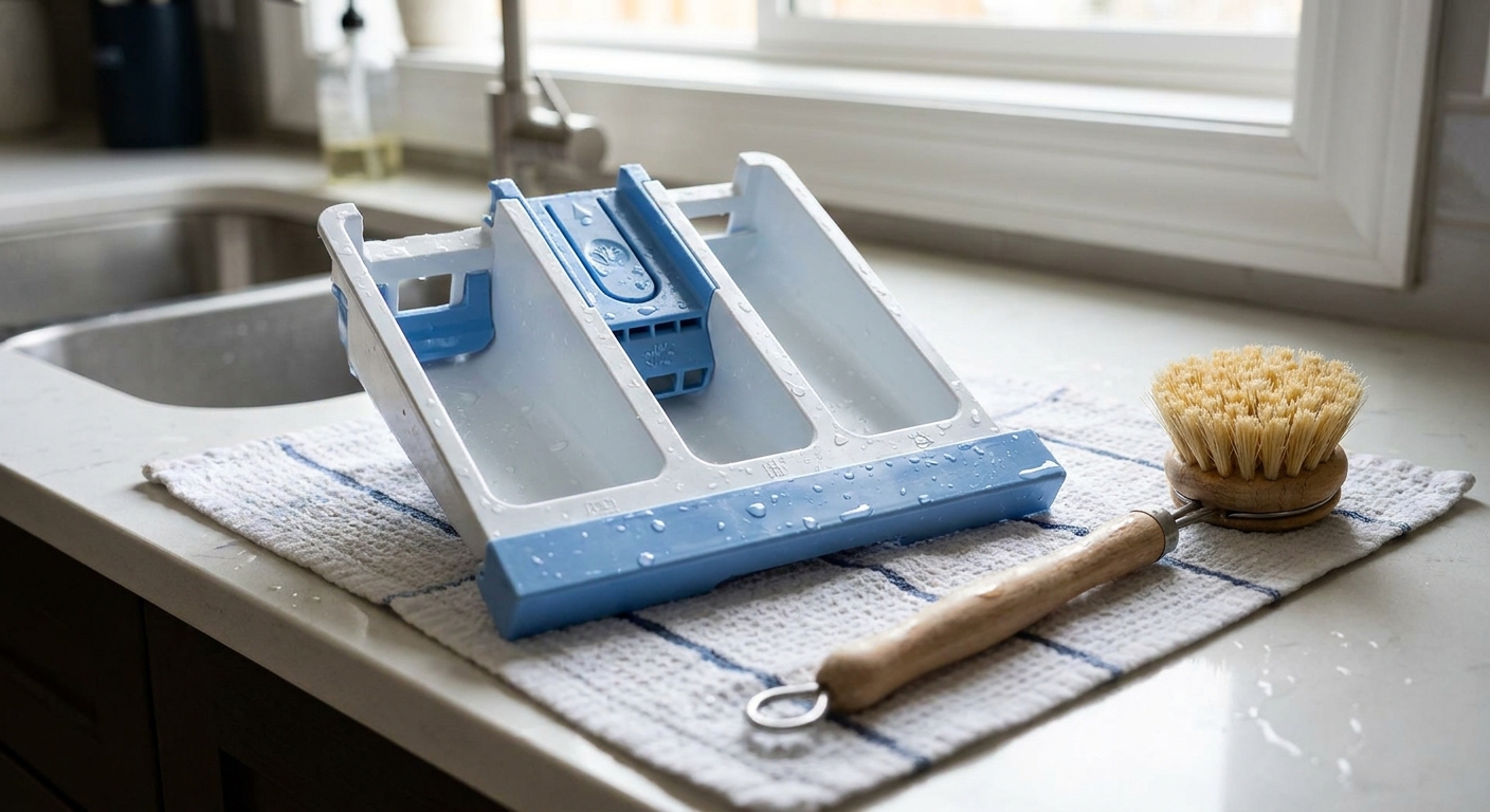 A real detergent drawer from a front-load washer sitting on a countertop beside a scrub brush, freshly rinsed and drying