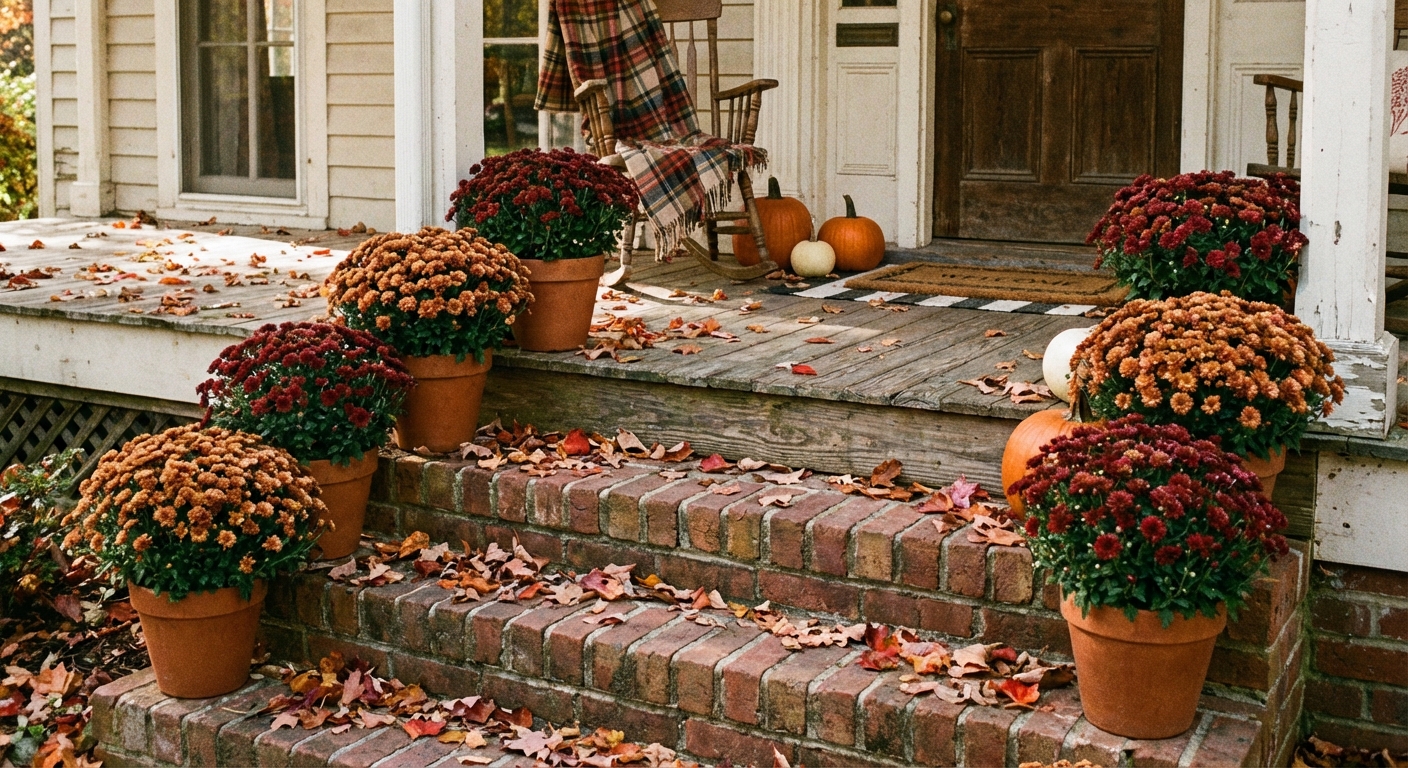 A real front porch scene with bronze and burgundy mums in terracotta pots arranged on brick steps with scattered leaves