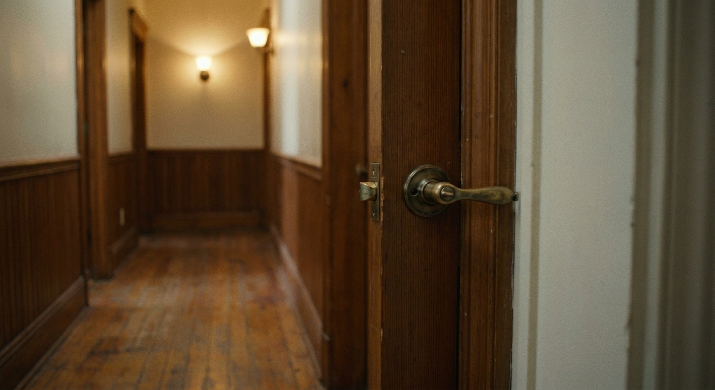 A real interior door in a softly lit hallway with the latch slightly missing the strike plate opening, showing a small misalignment at the handle side
