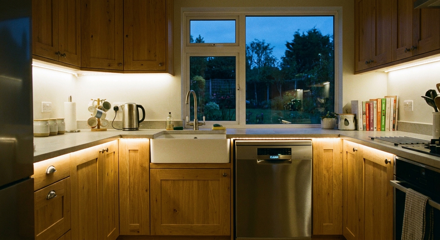 A real kitchen at dusk with a closed dishwasher door and warm under-cabinet lighting creating a calm, tidy scene
