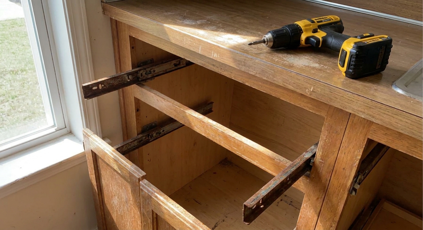 A real kitchen base cabinet with the drawer removed, showing worn side-mount drawer slides attached to the cabinet frame and a cordless drill resting nearby, natural indoor lighting