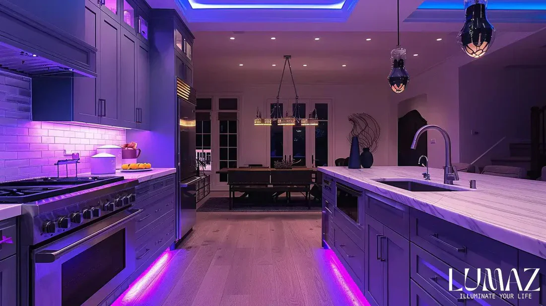 A real kitchen counter with warm white rechargeable LED strip lights glowing under upper cabinets, illuminating a cutting board and a small bowl, cozy evening photography