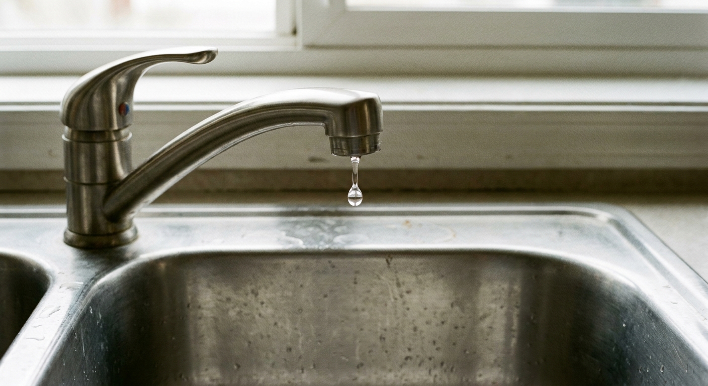A real kitchen faucet with a single lever handle dripping one clear drop from the spout into a stainless steel sink, close-up photo