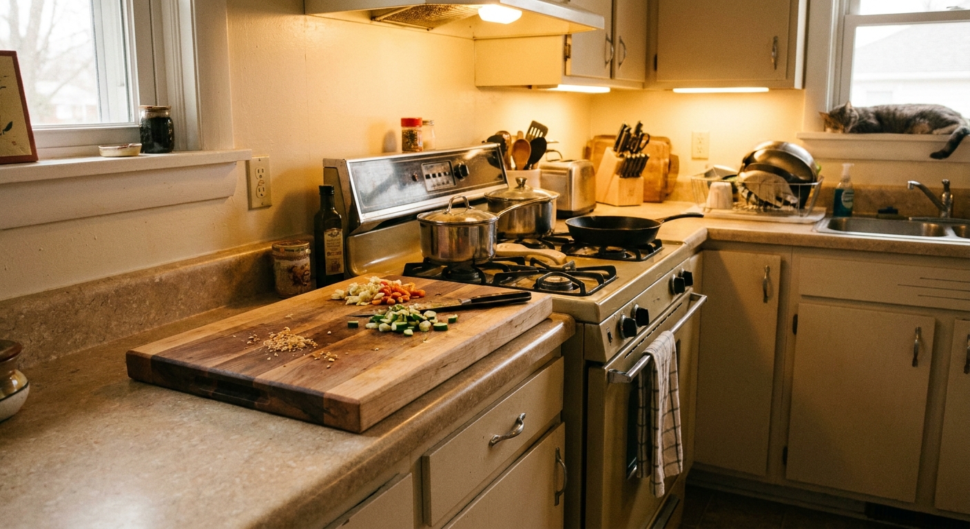 A real kitchen scene with a large wooden cutting board placed on a laminate countertop near a stove, warm ambient light