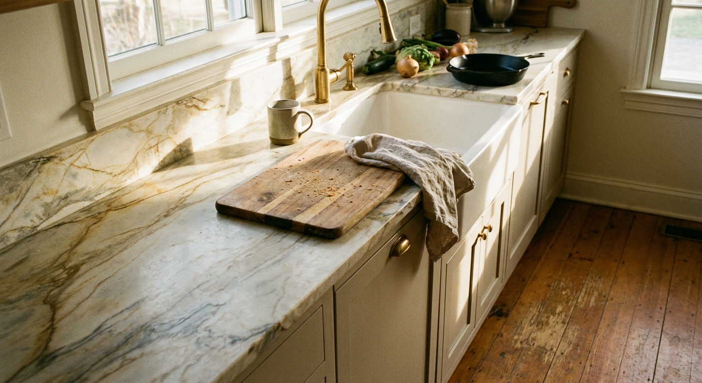 A real kitchen scene with a pale quartzite countertop in warm morning light, showing natural veining, a wooden cutting board, and a linen towel near the sink