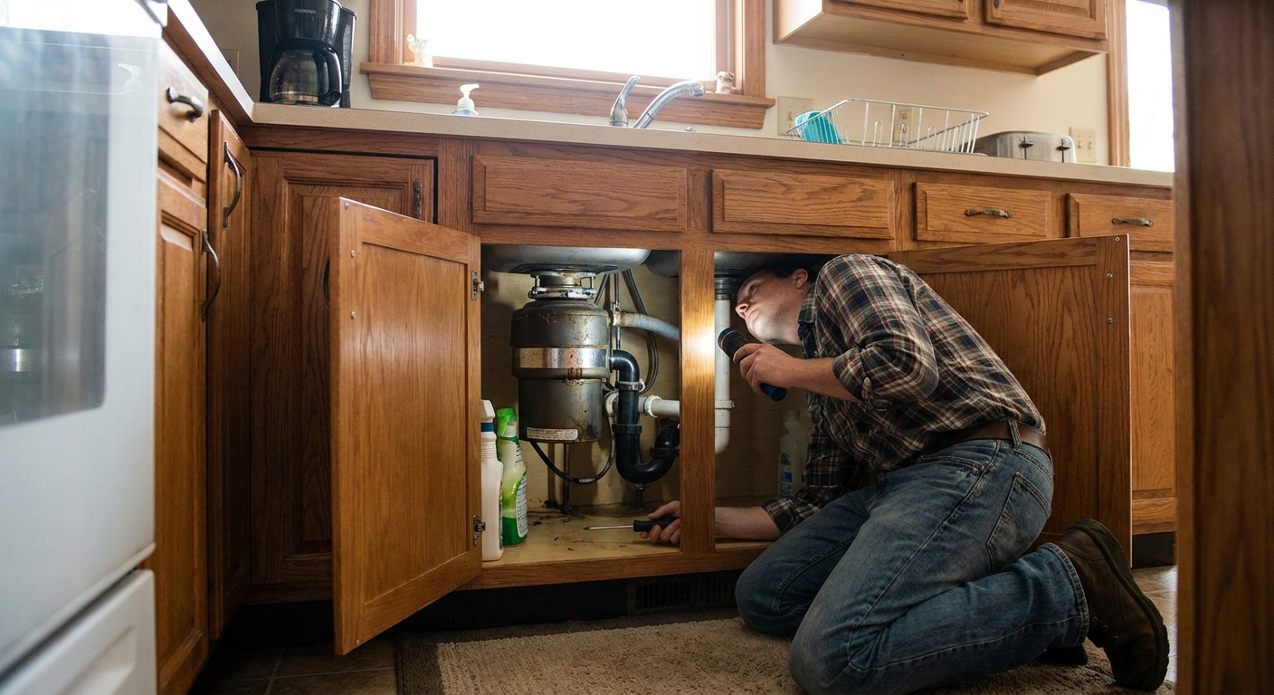A real kitchen sink cabinet open to show a garbage disposal unit under the sink, with a person kneeling nearby preparing to troubleshoot, natural home lighting