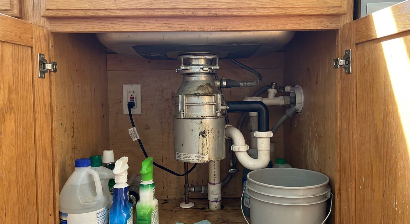 A real kitchen sink cabinet with a garbage disposal mounted under the sink, showing the power cord plugged into an outlet and the plumbing connections, natural indoor lighting