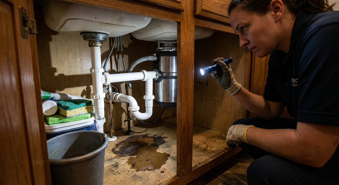 A real kitchen sink cabinet with a garbage disposal, a small puddle on the cabinet floor, and a person holding a flashlight to inspect the plumbing connections