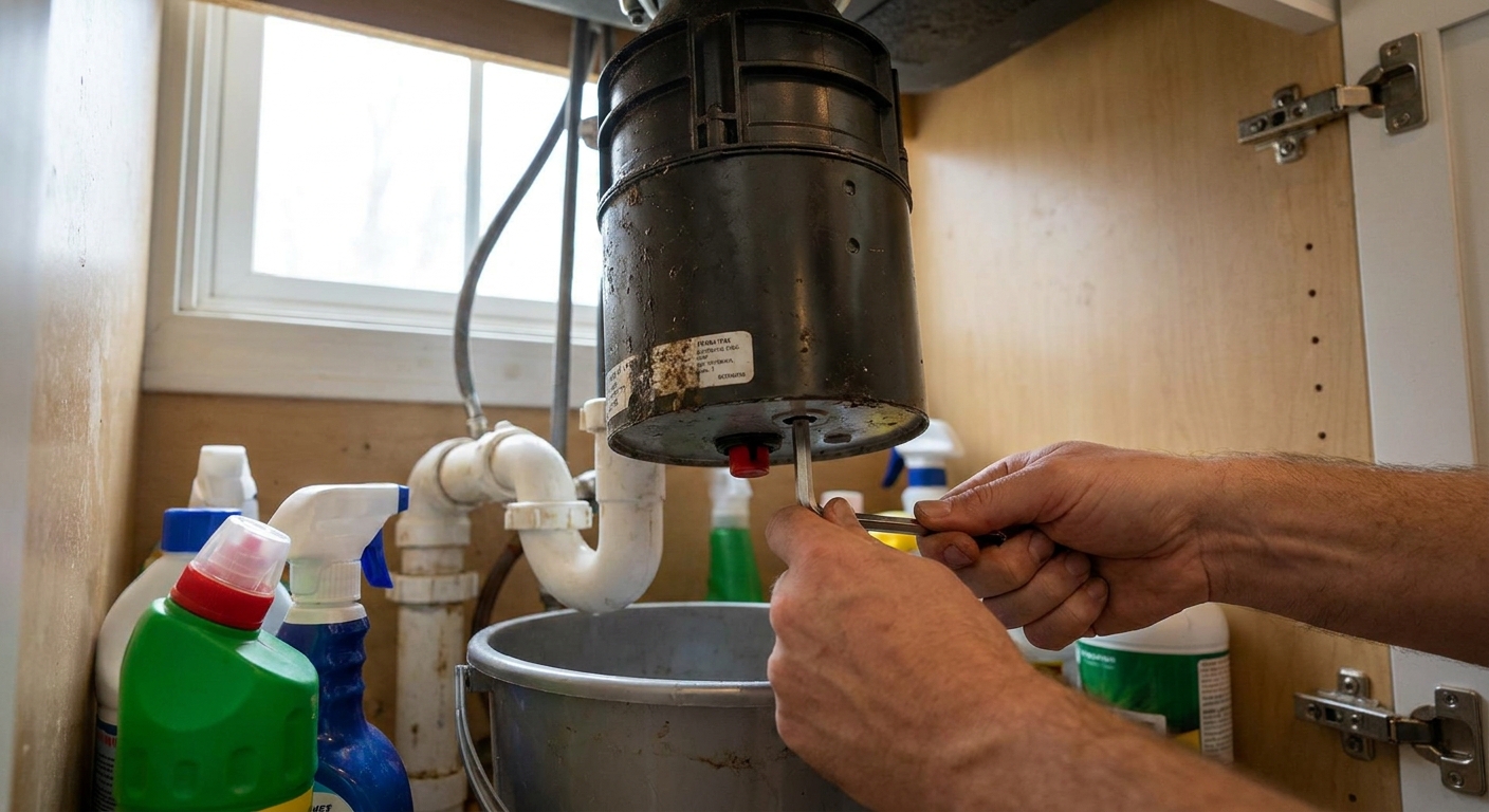 A real kitchen sink cabinet with a jammed garbage disposal and a person holding an Allen wrench at the bottom hex socket, natural indoor lighting