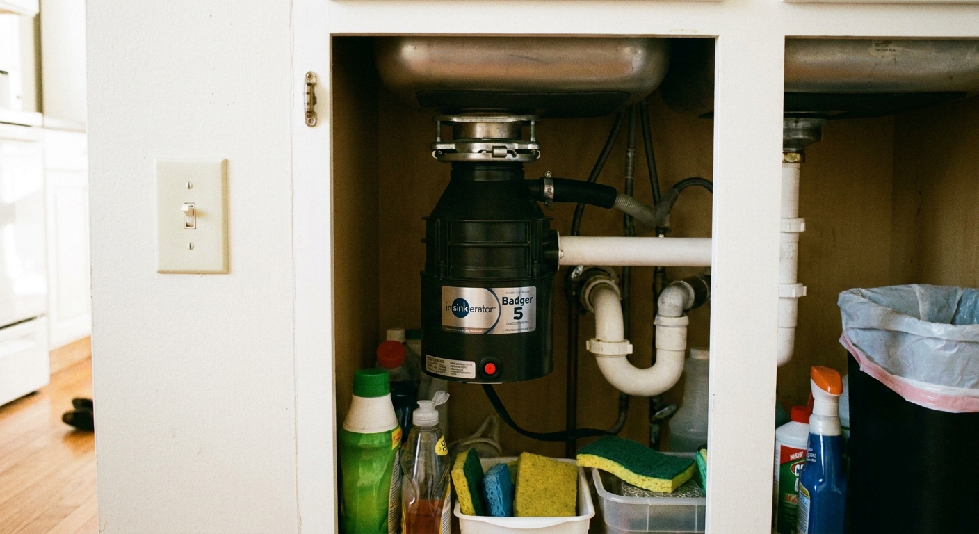 A real kitchen sink cabinet with a standard garbage disposal unit installed under the sink, a nearby wall switch, and a small red reset button visible on the bottom of the disposal, photo