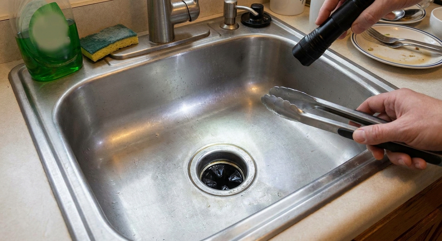 A real kitchen sink with a flashlight beam shining into a garbage disposal opening while a person holds tongs nearby