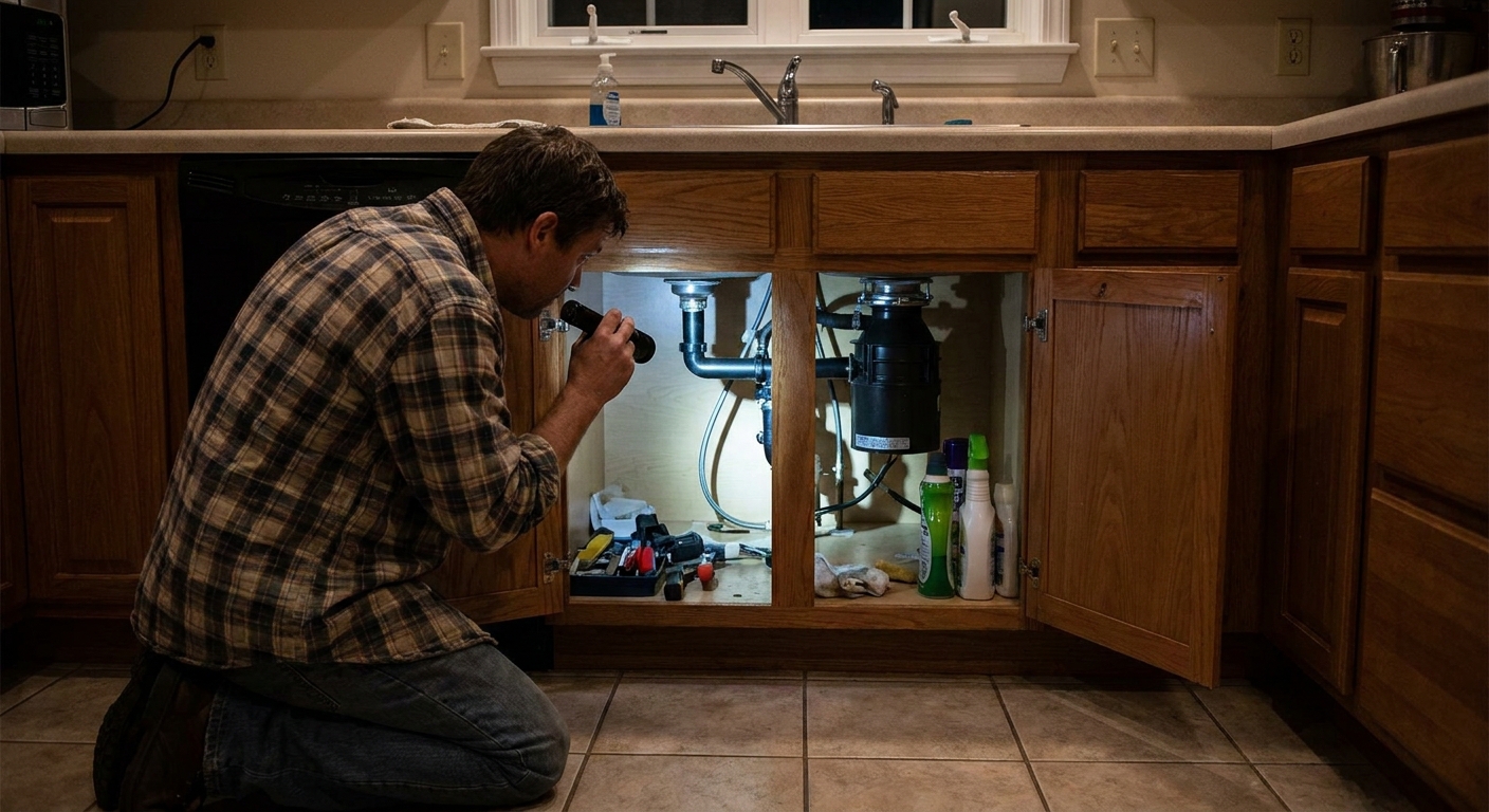 A real kitchen sink with a garbage disposal under the basin, the cabinet doors open and a person kneeling nearby with a flashlight, realistic home photography