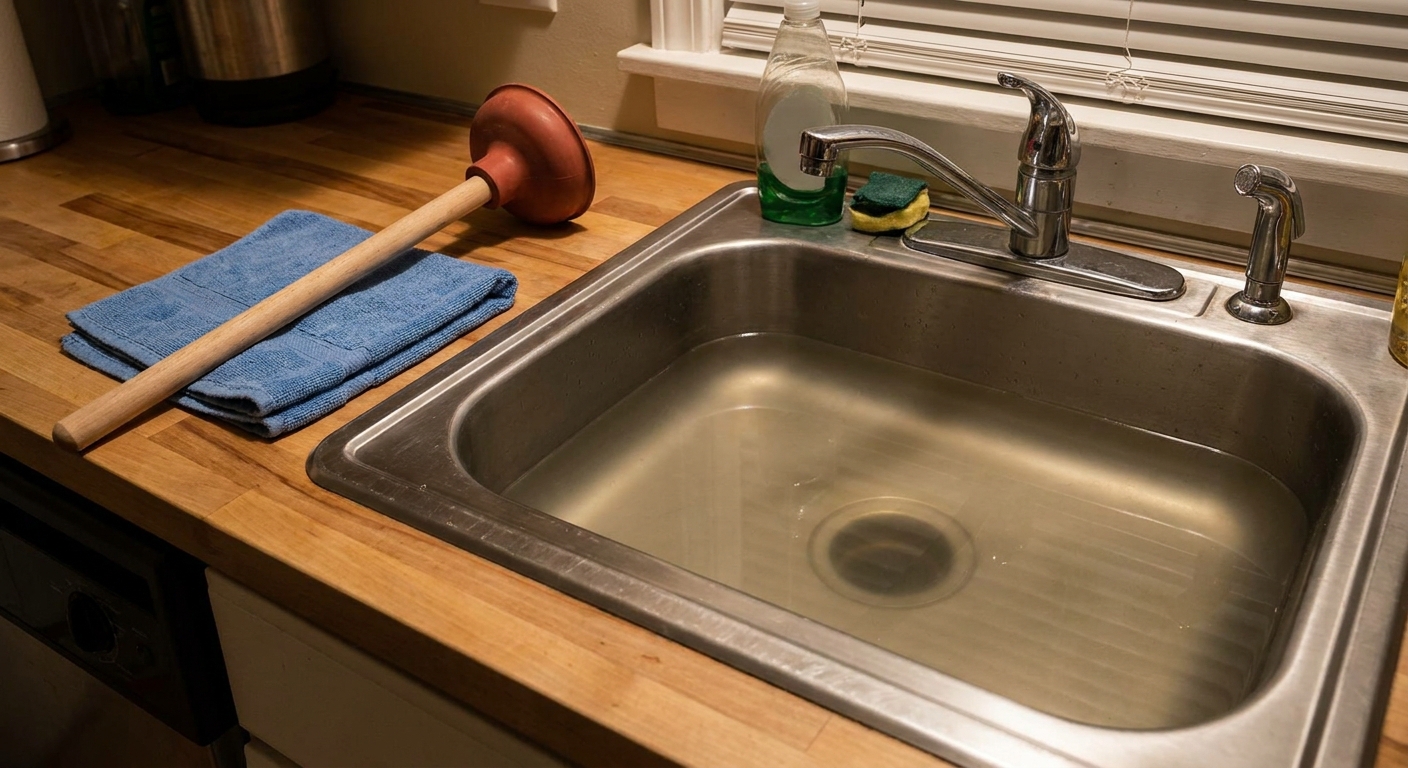 A real kitchen sink with shallow standing water and a rubber plunger on the counter beside a folded towel, warm indoor lighting, realistic photo