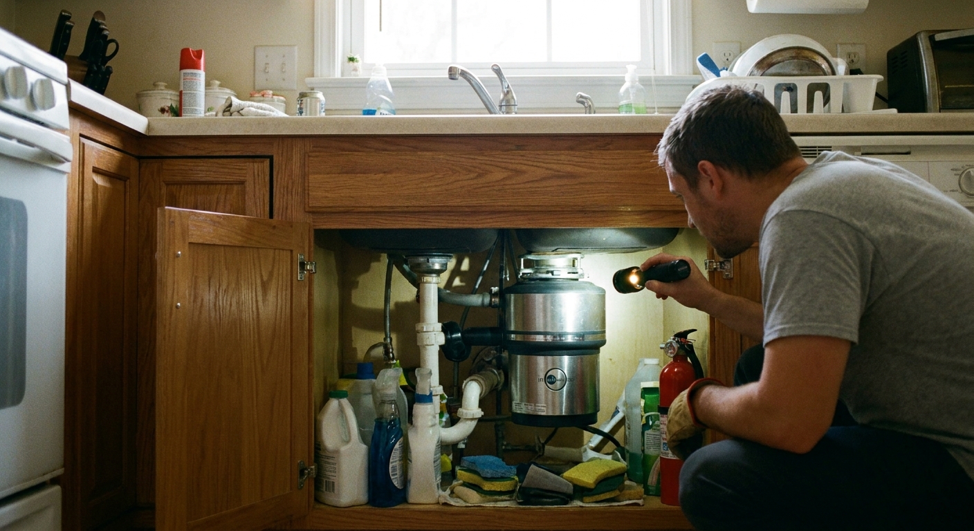 A real kitchen sink with the cabinet door open, showing a typical under-sink garbage disposal unit and a person holding a flashlight to inspect it, natural indoor lighting