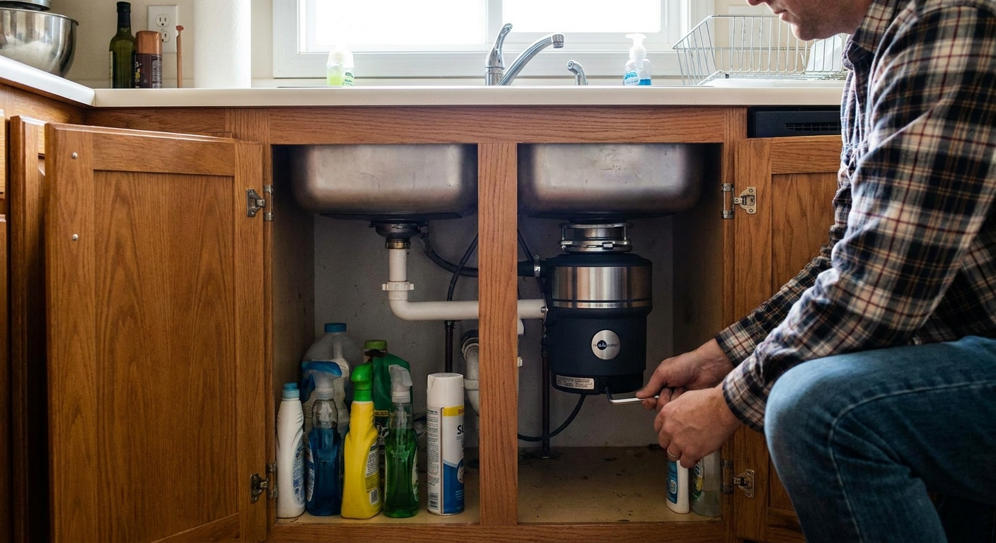 A real kitchen sink with the cabinet doors open, showing a garbage disposal under the sink while a homeowner uses a hex key to unjam the unit, natural indoor light