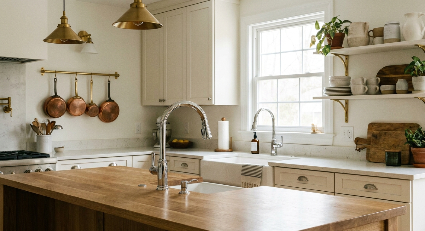 A real kitchen with a polished chrome faucet, brushed nickel cabinet pulls, and warm brass accents under soft natural daylight, photographed straight-on