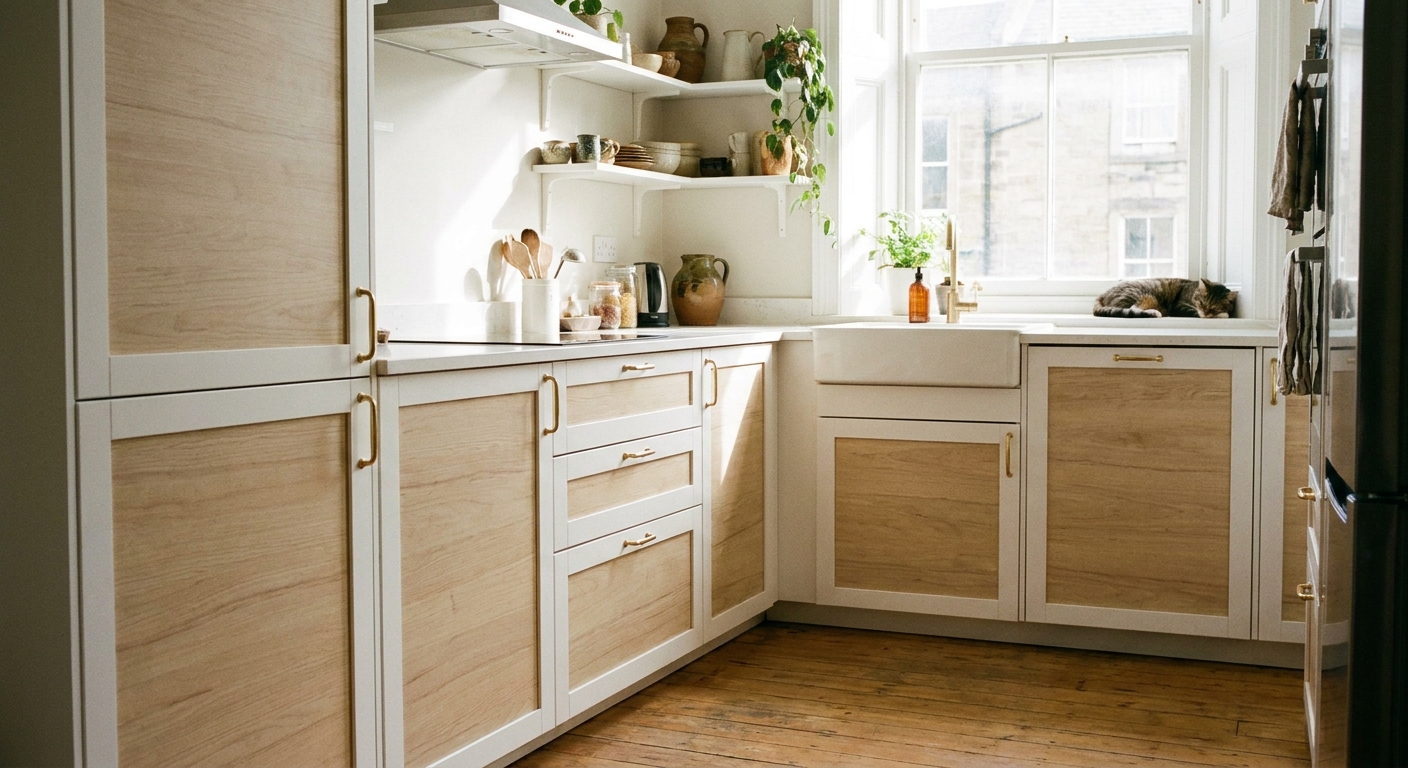 A real-life IKEA Sektion kitchen with light-toned cabinet doors, clean white cover panels, and warm brass pulls, photographed in soft natural daylight
