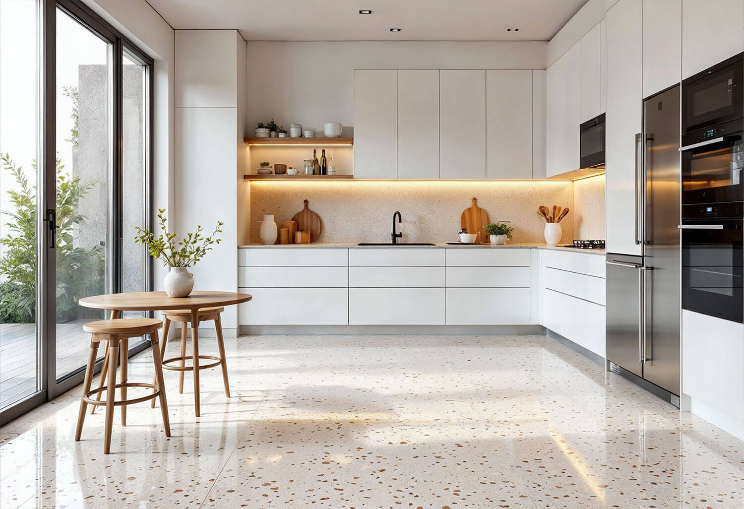 A real-life ceramic tile kitchen floor in soft daylight with a person gently mopping using a microfiber flat mop and a bucket nearby, natural home photography style