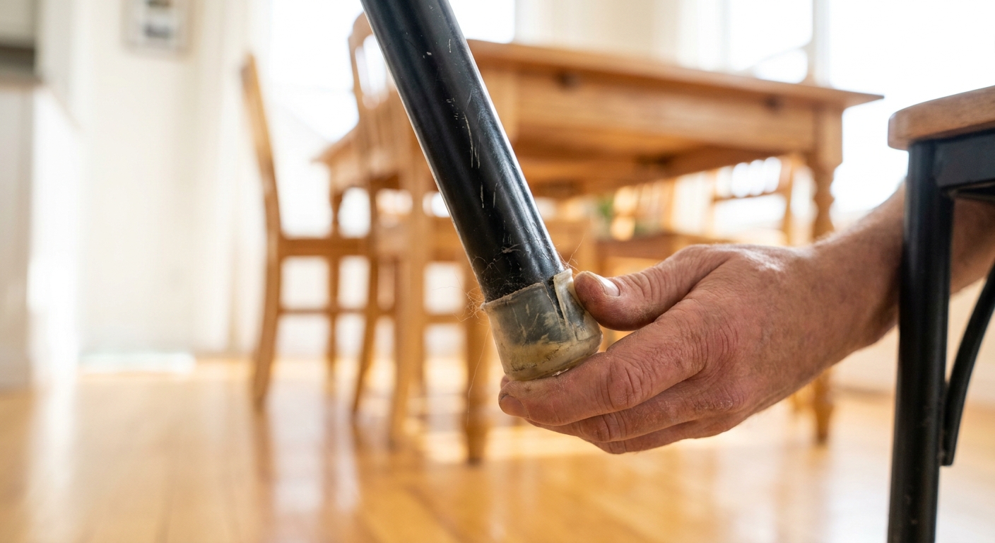 A real-life close-up photo of a black metal dining chair leg with a worn plastic foot cap being pulled off by hand in a bright dining room