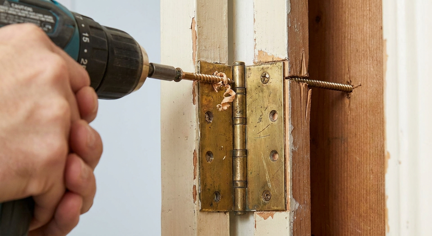 A real-life close-up photo of a brass door hinge on a painted door jamb, with a longer wood screw being driven into the top hinge toward the wall stud