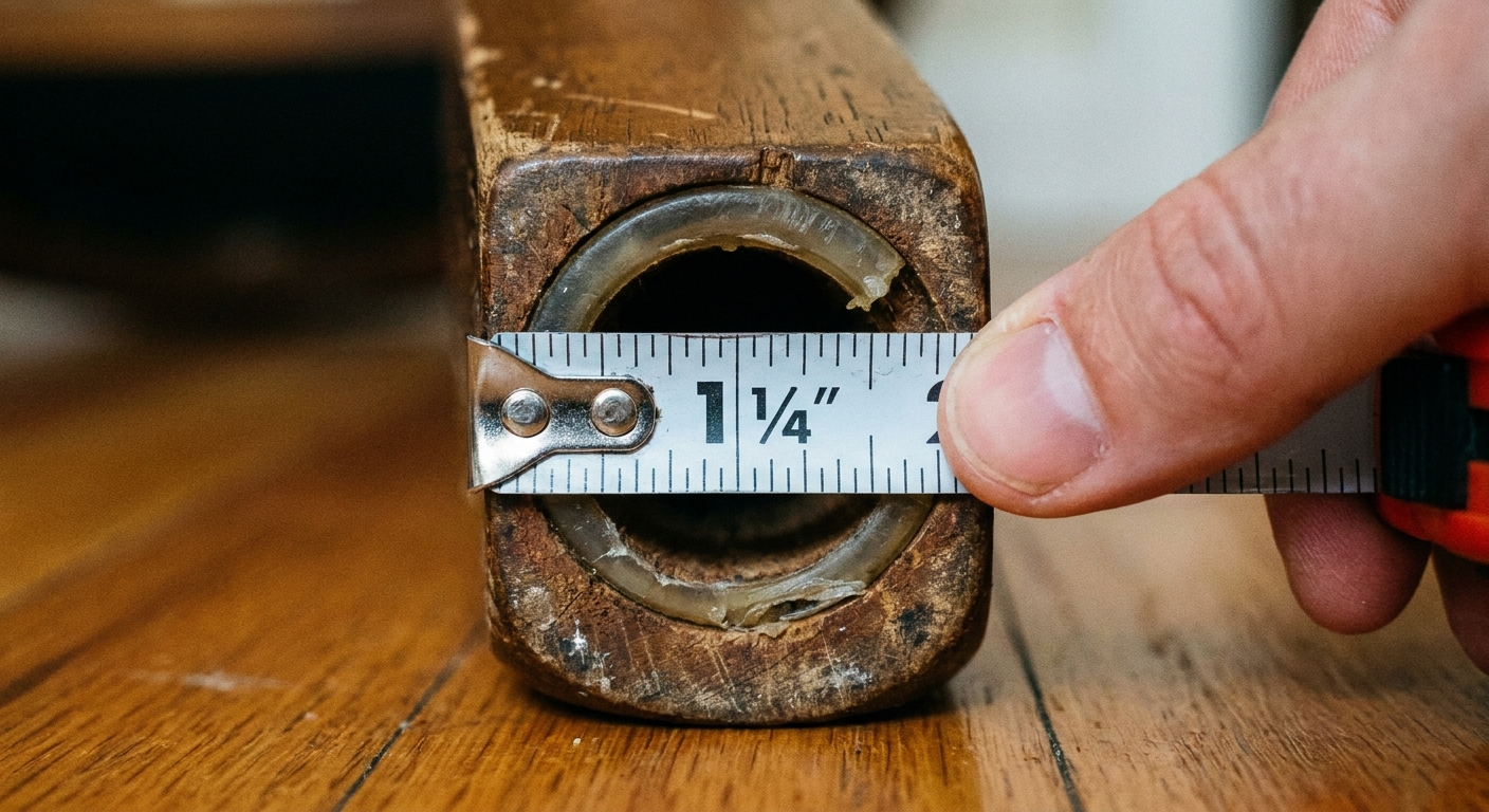 A real-life close-up photo of a tape measure being used to measure the diameter of a chair leg opening for a replacement glide insert