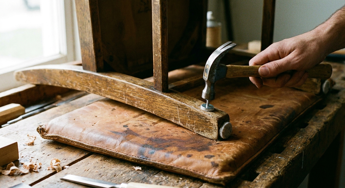 A real-life close-up photo of a wooden chair leg with a nail-on glide being tapped in with a small hammer on a protected work surface