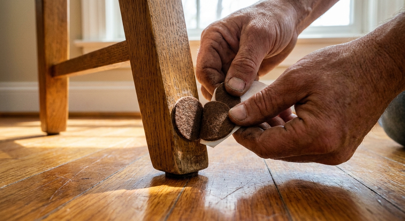 A real-life close-up photo of hands applying round felt pads to the bottom of a wooden dining chair leg on a warm-toned hardwood floor