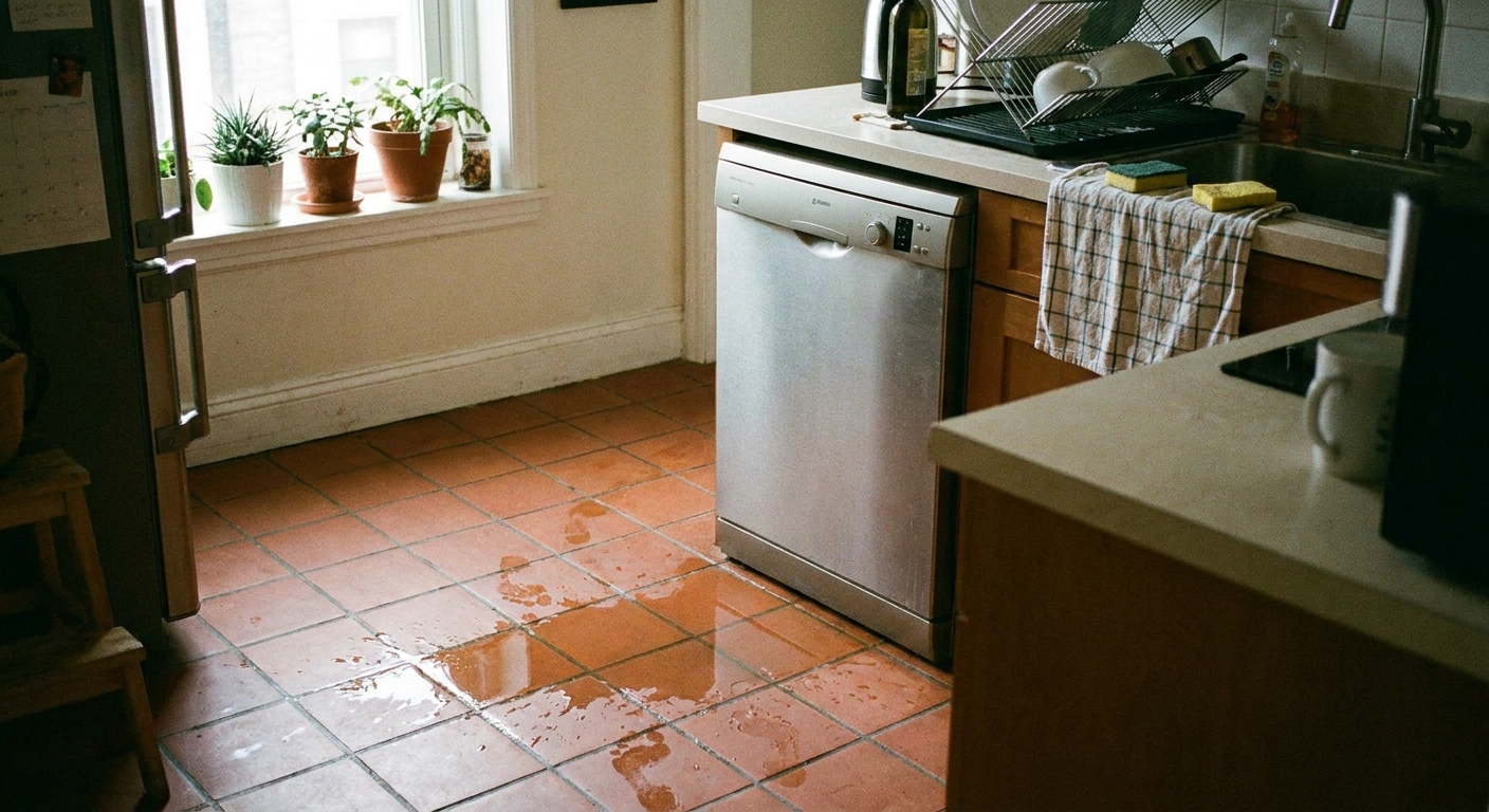 A real-life kitchen scene with a dishwasher door closed and a small puddle of water spreading on the tile floor in front of it, natural indoor lighting