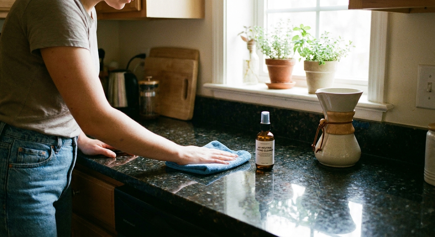 A real-life kitchen scene with a granite countertop being gently wiped using a damp microfiber cloth beside a small spray bottle of pH-neutral cleaner, soft natural window light