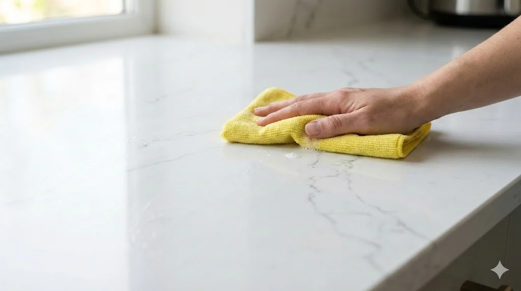A real-life kitchen scene with a light quartz countertop being wiped with a damp microfiber cloth next to a small bottle of pH-neutral cleaner and a warm lamp glow